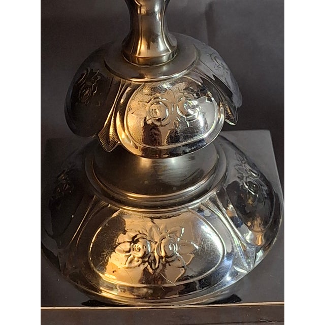 Antique Norblin Warszawa Silverplate Shabbat Candlesticks 12" Rose Judaica Pair 1890 For Sale - Image 12 of 18