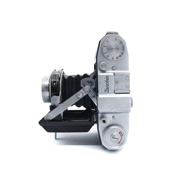 20thC Mid-Century Modern Zenobia Folding Camera With Chrome & Textured Leatherette Body For Sale - Image 6 of 8