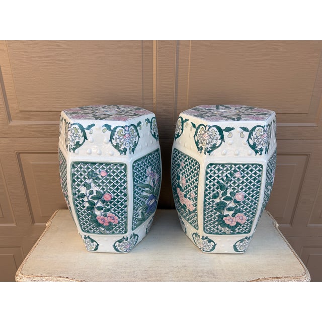 Late 20th Century Chinoiserie Floral Green and Pink Porcelain Garden Stool or Side Table For Sale - Image 9 of 9