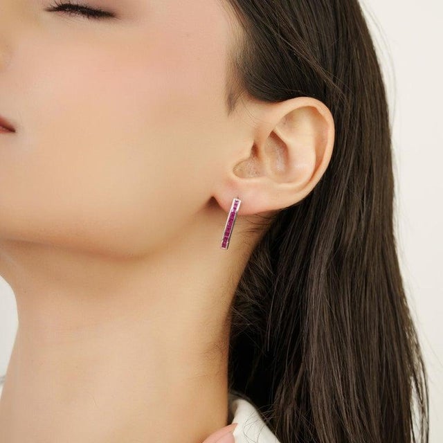 Natural Ruby Gemstone Bar Stud Earrings in 925 Silver- A Pair For Sale - Image 4 of 12