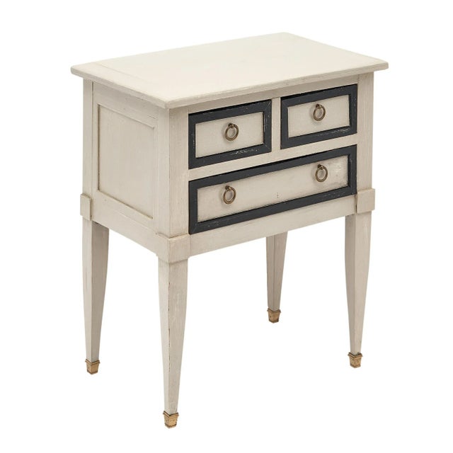 Side table, French, made of cherry wood with a hand painted “Trianon” gray finish and black hand painted trim. Three...