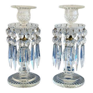 Pair of Vintage English Regency Style Cut Crystal Lustre Candlesticks For Sale