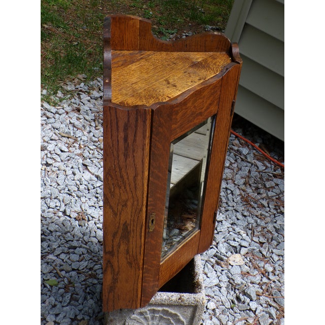 Farmhouse Antique Oak Corner Medicine Cabinet Beveled Mirror Cupboard Kitchen Apothecary For Sale - Image 3 of 13