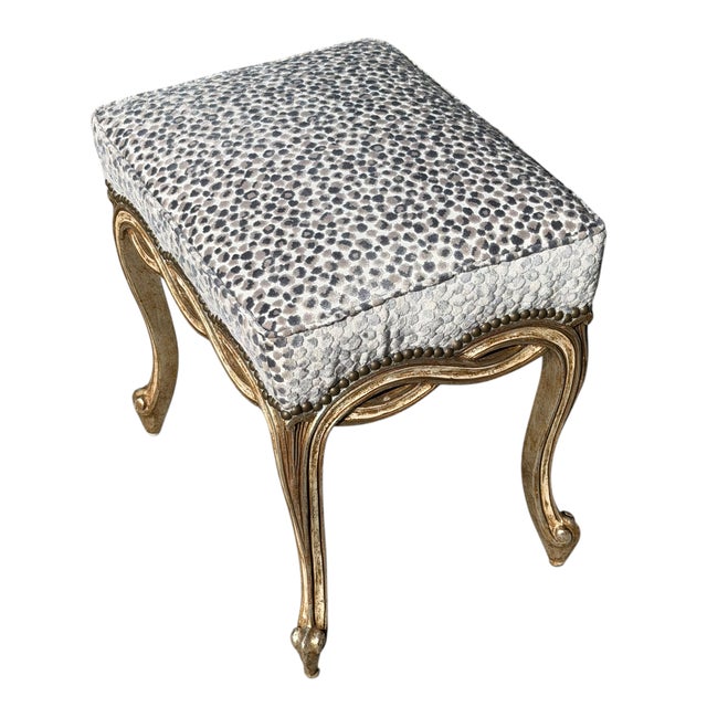 Regency Giltwood Ribbon Taboret Footstool Vanity Bench by Randy Esada Designs. It is freshly upholstered in blue & white...