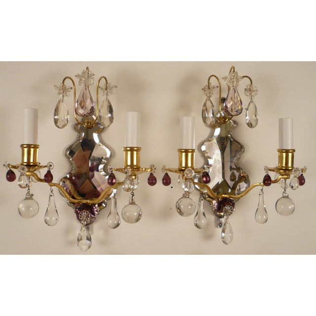 Set of Four Louis XVI Style Mirrored Back Bronze and Amethyst Crystal Sconces For Sale - Image 11 of 12