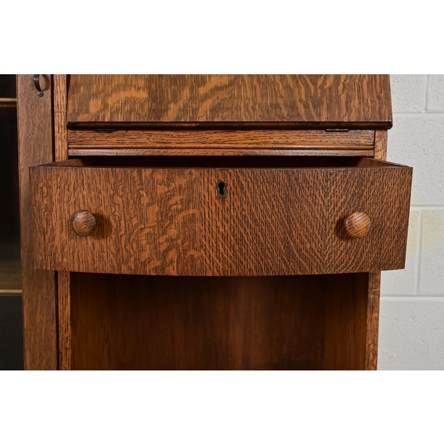 Brown Antique Victorian Carved Tiger Oak Side-by-Side Bookcase With Drop Front Secretary Desk by Larkin Co., Circa 1900 For Sale - Image 8 of 16