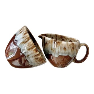 Circa 1960 Canonsburg Pottery Ironstone Drip Glaze Creamer & Wide Mouth Open Sugar Bowl Set – A Pair For Sale