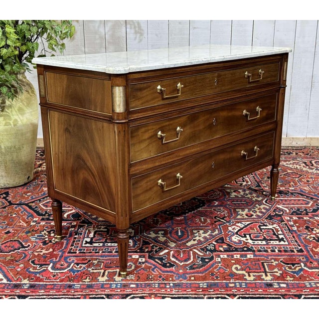Louis XVI Mahogany Chest of Drawers with Marble Top, 1950s For Sale - Image 15 of 18