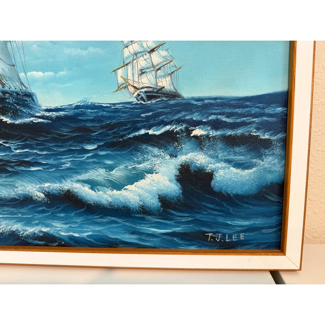 t.j. Lee Marine Seascape Oil Painting Tall Ships Ocean Waves Nautical Framed For Sale - Image 12 of 13