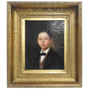 19th Century Victorian Oil on Canvas Portrait of Young Man in Gilt Frame