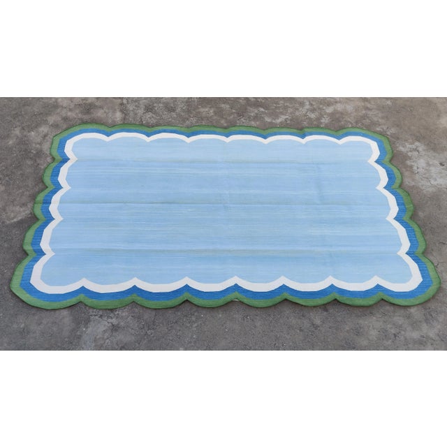 Handmade Cotton Vegetable Dyed Scalloped Edge Rug Sky Blue With Cream Blue and Forest Green Border - 9x12 For Sale - Image 9 of 11