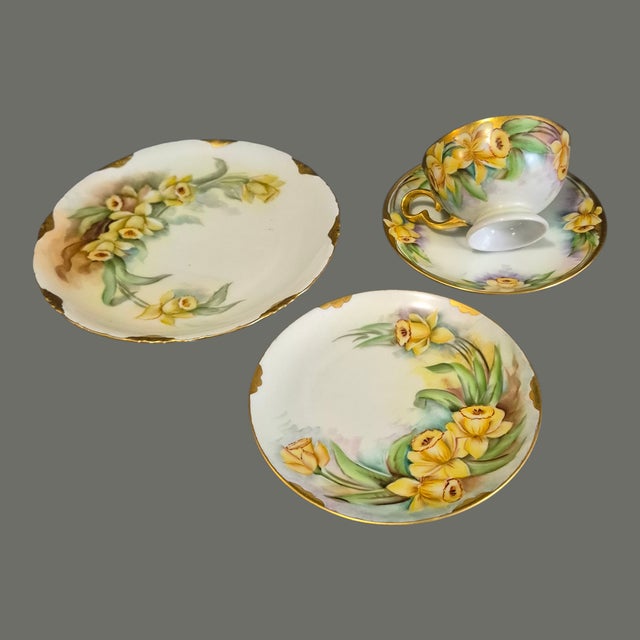 Victorian Vintage Plankenhammer Floss Bavaria Hand Painted Daffodils Gilded Porcelain 4piece Tea Set For Sale - Image 3 of 9