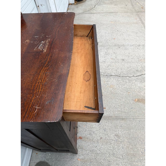Early 20th Century Antique Oak Arts & Crafts Five-Drawer Tallboy Chest With Scalloped Backsplash For Sale - Image 9 of 12