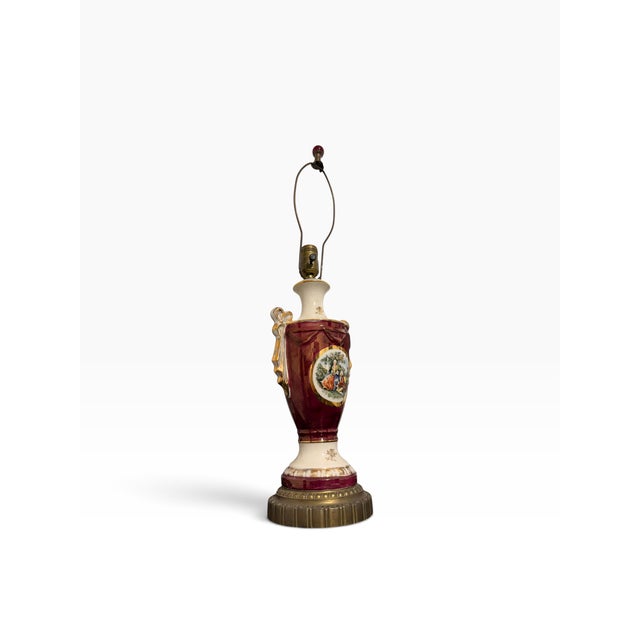 Mid 20th Century Vintage Ruby Porcelain Courting Scene Table Lamps With Gilt Accents — Pair For Sale - Image 5 of 12
