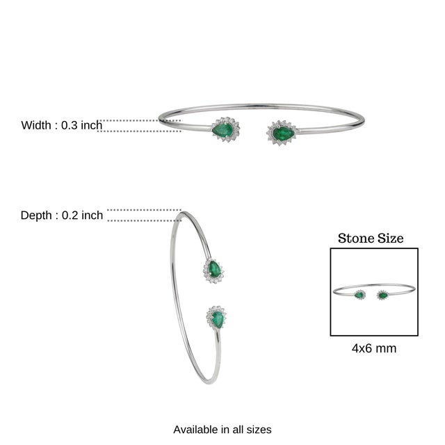 Contemporary Twin Emerald & Diamond Halo Open Cuff Bangle Bracelet in Sterling Silver For Sale - Image 9 of 11