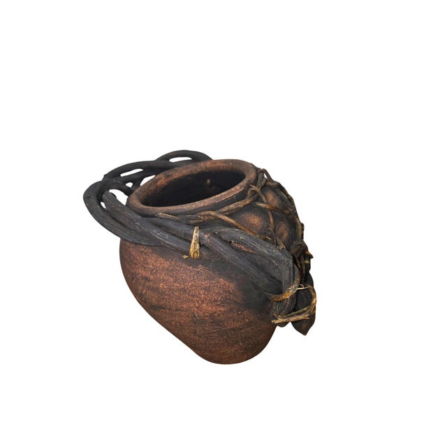 Mid 20th Century Handmade Rustic Clay Vase W/ Woven Vine Basket | Primitive Boho Decor | Unique For Sale - Image 13 of 15