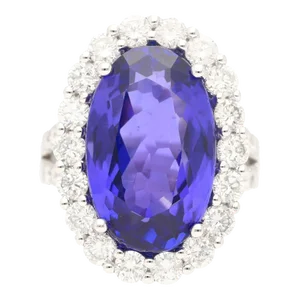 15.46 Carat Oval Cut Fine Tanzanite and Diamond Halo Ring in 18k White Gold With, Size 7