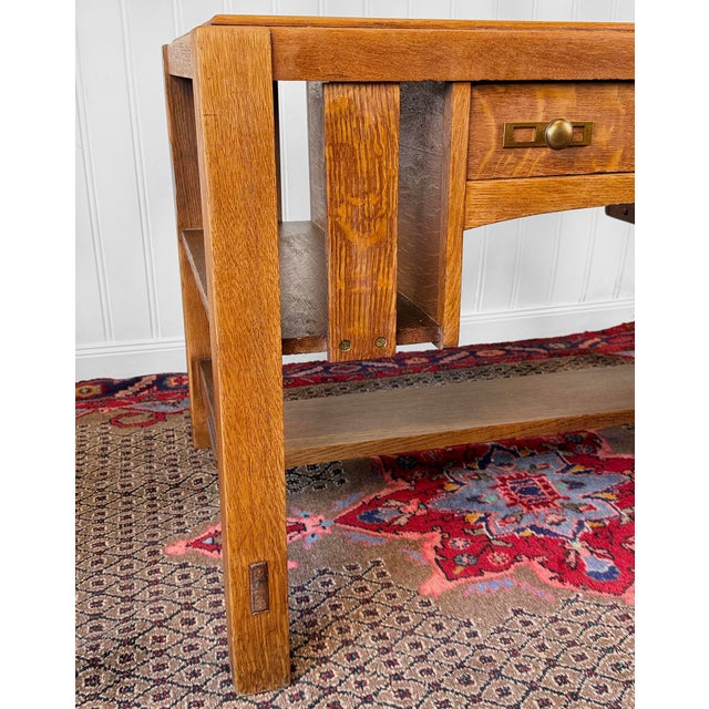 Antique Charles Limbert Arts & Crafts Quartersawn Oak Writing Desk W/ Bookshelf For Sale - Image 12 of 17