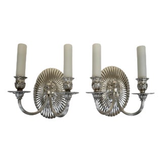 Pair Silvered Bronze Oval Oval Back Two Light Sconces by E. F. Caldwell For Sale
