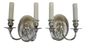 Pair Silvered Bronze Oval Oval Back Two Light Sconces by E. F. Caldwell
