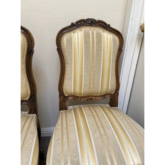Yellow Pair Walnut French Louis Accent Side Chairs Silk Fabric For Sale - Image 8 of 9
