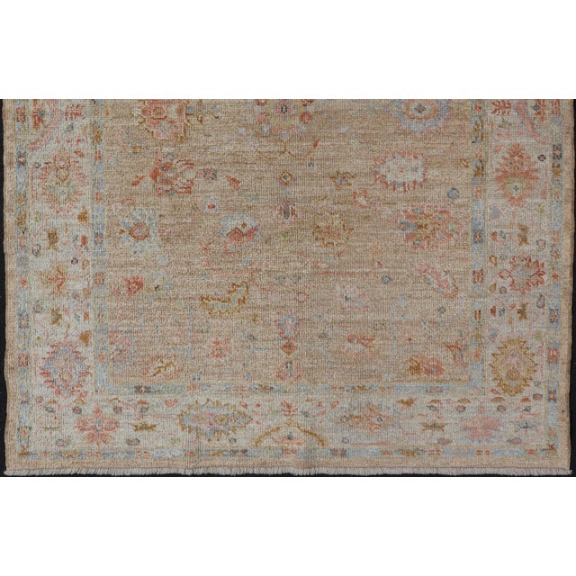 Turkish Oushak Floral Design With Color on a Taupe Field and Ivory Border 5'0 X 6'10 For Sale - Image 10 of 12