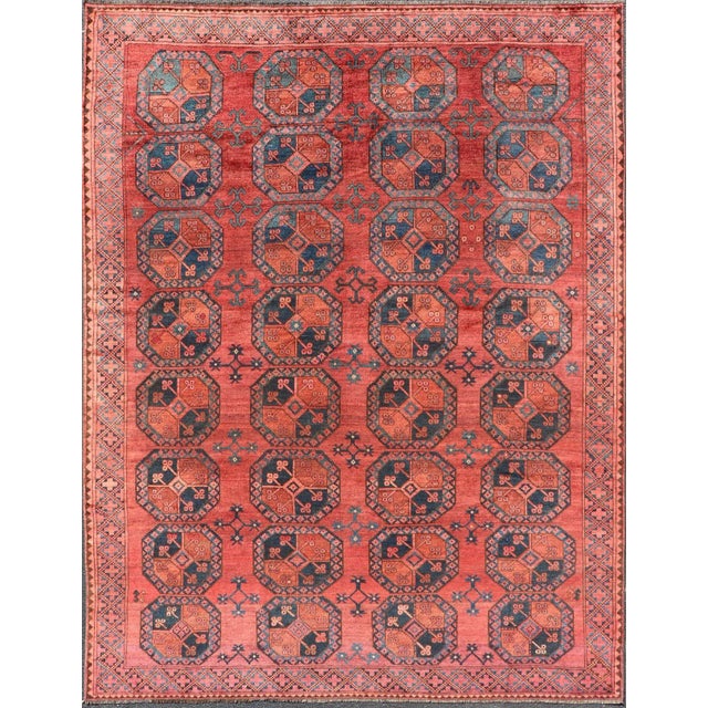 Early 20th Century Hand-Knotted Turkomen Ersari Rug in Wool With Gul Design in Red, Orange and Blue For Sale - Image 13 of 13