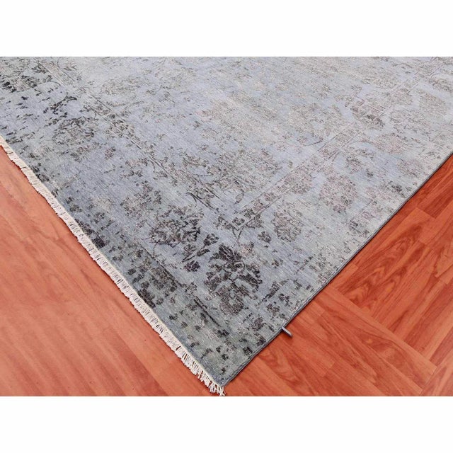 2010s Silver Gray, Wool and Silk Hand Knotted, Broken Erased Persian Tabriz Design, Oriental Rug For Sale - Image 9 of 13