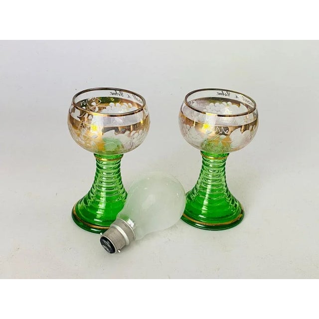 Glass Wine Glasses in Green Gilt Color, France, 1940s, Set of 2 For Sale - Image 7 of 9