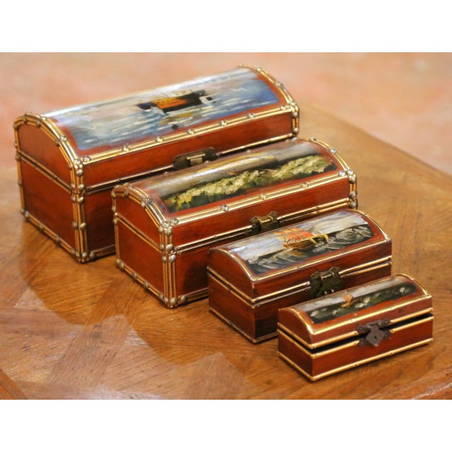 Set of Four Vintage Hand-Painted Wooden Treasure Boxes With Maritime Scenes For Sale In Dallas - Image 6 of 13