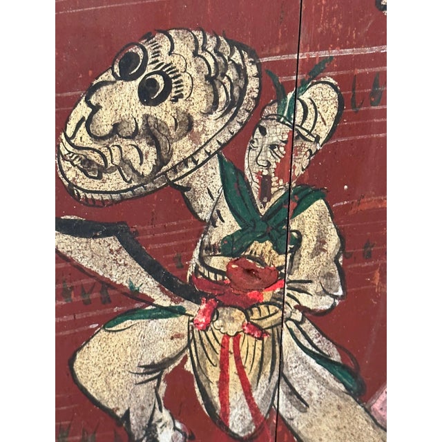 Pair of Distressed Antique Chinese Hand Painted Wooden Panels For Sale - Image 9 of 13