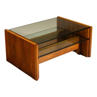 Vintage Coffee Table in Walnut and Glass by Officina Rivadossi, Italy, 1970s For Sale