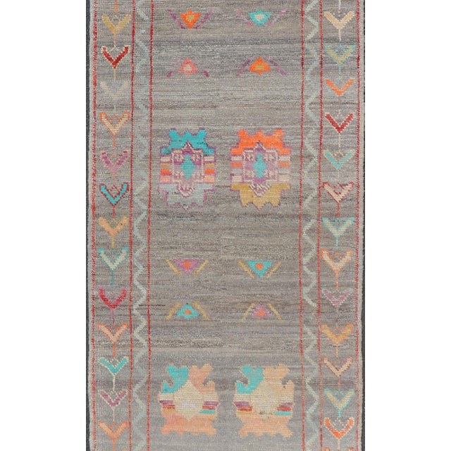 Modern Runner With Tribal Motifs in Warm Gray Background and Vivid Multi Colors For Sale - Image 4 of 7