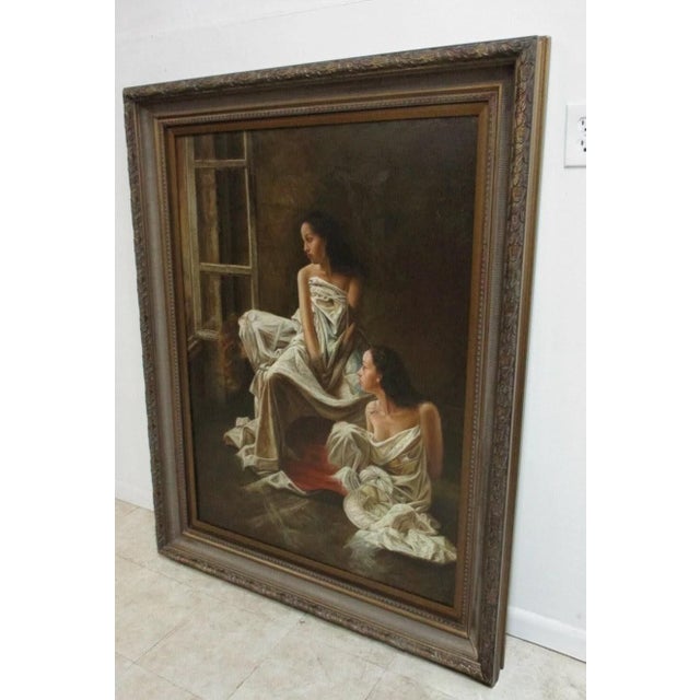 Paint 1980s Large Timeless Treasures Gold Gilt Carved Bathing Ladies Women Oil Painting For Sale - Image 7 of 9
