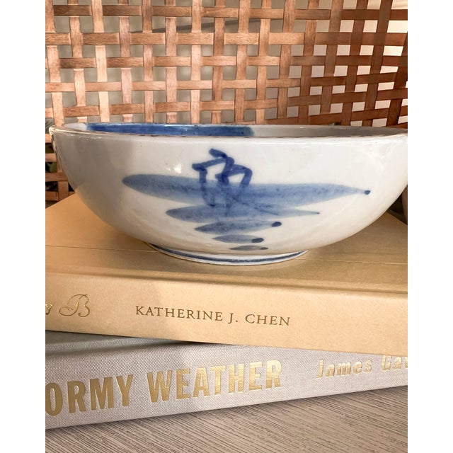 Antique Blue & White Hand-Painted Porcelain Bowl With Fisherman Scene For Sale In Pittsburgh - Image 6 of 10