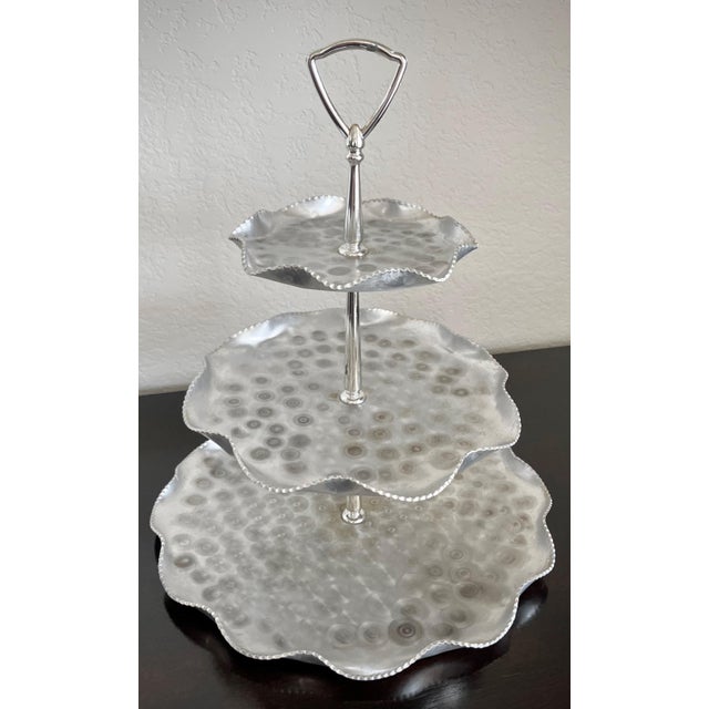 Mid-Century Modern Mid 20th-Century Hand Forged Aluminum “Atomic” Swirl Design Three-Tier Centerpiece Tray For Sale - Image 3 of 18