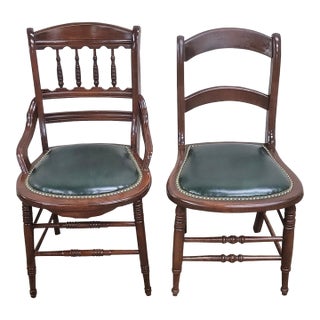Antique Ladderback Spindle Back Nailhead Green Vinyl Dining Occasional Chairs For Sale