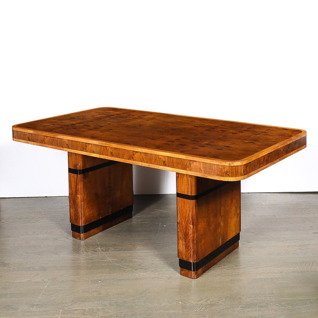 Brown Art Deco Streamlined Book-Matched & Burled Walnut W/ Black Lacquer Dining Table For Sale - Image 8 of 18