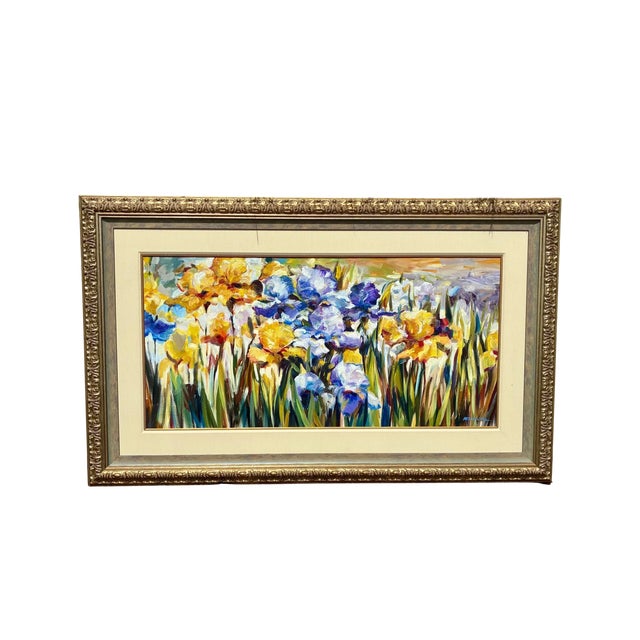 immaculate condition - signed and framed oil on canvas painting of iris botanicals with golden frame.