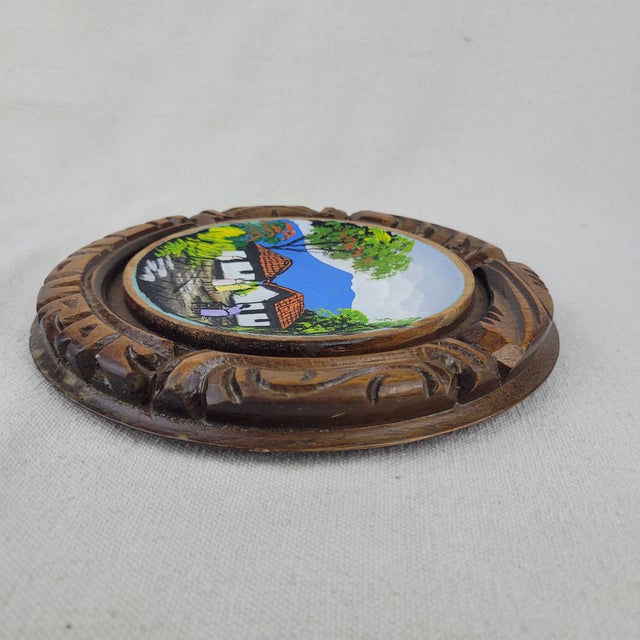 Vintage Hand Painted Folk Art Wood Plaque Village Scene Carved Round Frame For Sale - Image 4 of 9