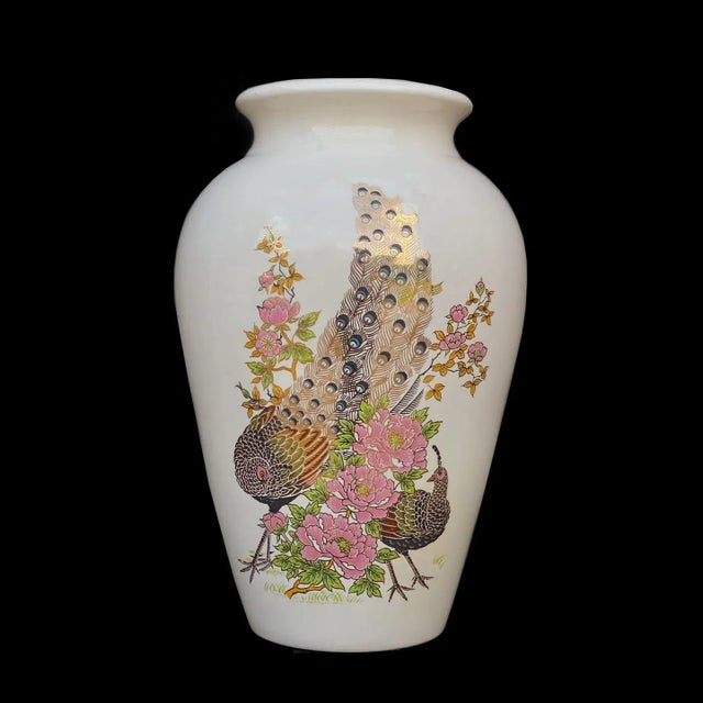 Ivory Vintage Chinese Porcelain Peacock Floral Motif Flared Vase For Sale - Image 8 of 8