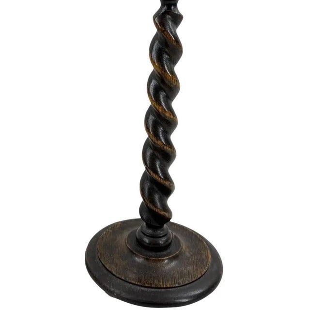 Brown 12.5” Antique English Oak Barley Twist Candlesticks With Brass Inserts - Pair For Sale - Image 8 of 14