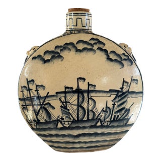 Vintage Chinoserie Ceramic Round Flask Style Jug For Sale