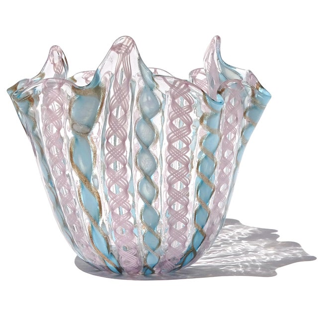 Murano Vintage Murano Blue Pink Copper Aventurine Flecks Zanfirico Ribbons Italian Art Glass Fazzoletto Vase For Sale - Image 4 of 8