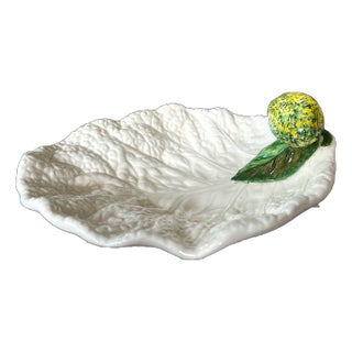 1950s Italian Majolica White Cabbageware Bowl With Yellow Lemon Accent Hand Painted and Signed For Sale