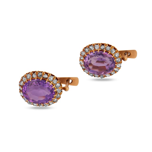 Early 20th Century Pair of Victorian 10.00 Carat Amethyst Diamond 18k Yellow Gold Cluster Earrings For Sale In Los Angeles - Image 6 of 6