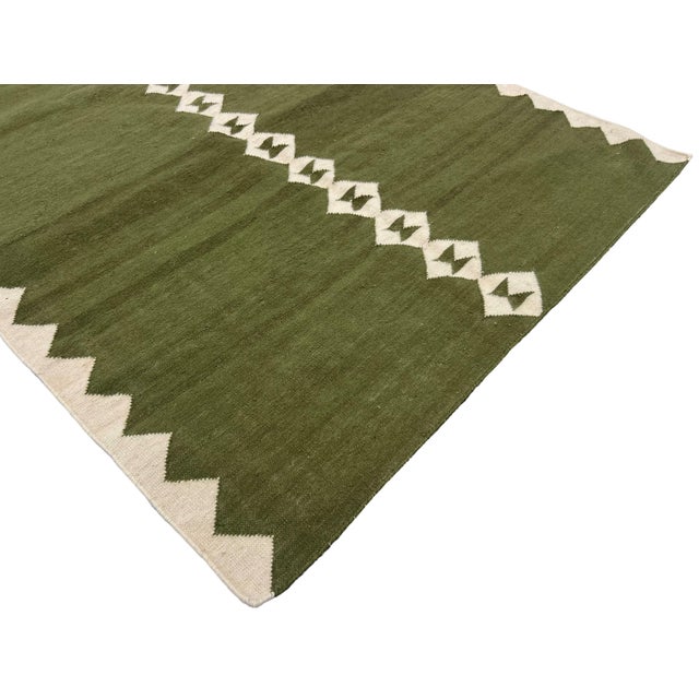 Handmade New Zealand Wool Dhurrie Runner, Olive Green and Cream Diamond Runner Rug- 4'x10' For Sale - Image 12 of 13