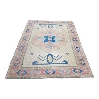 1960s Geometric Vintage Beihe and Blue Rug For Sale