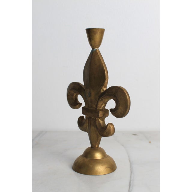 Mid 20th Century Vintage Brass Fleur-De-Lis Candlestick Holder For Sale - Image 5 of 8