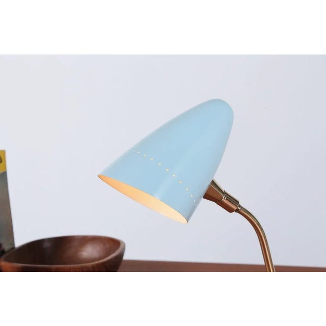 Arteluce Style Brass and Baby Blue Tripod Table Lamp, 1950s For Sale - Image 4 of 15